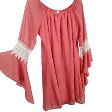 Honeyme Womens M Bell Sleeve Lace Trim Mini Dress Pink Boho Fairycore California