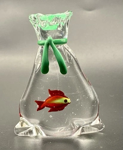 VTG Murano Goldfish In A Bag With Green Ribbon Handblown Glass Figurine, Italy.