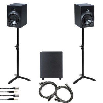Studio Set, 10 Zoll Subwoofer, 2 Aktive Studiomonitore, 2 Monitor Stative, 4
