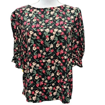 DRAPER JAMES RSVP Cinched Elbow Sleeve Top Floral 3/4 Sleeves Size L NWT