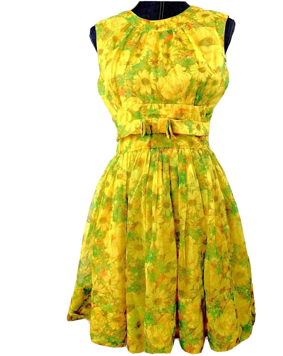 Vtg 50s 60s Jr. Theme New York Dress Fit-Flared Gold Yellow