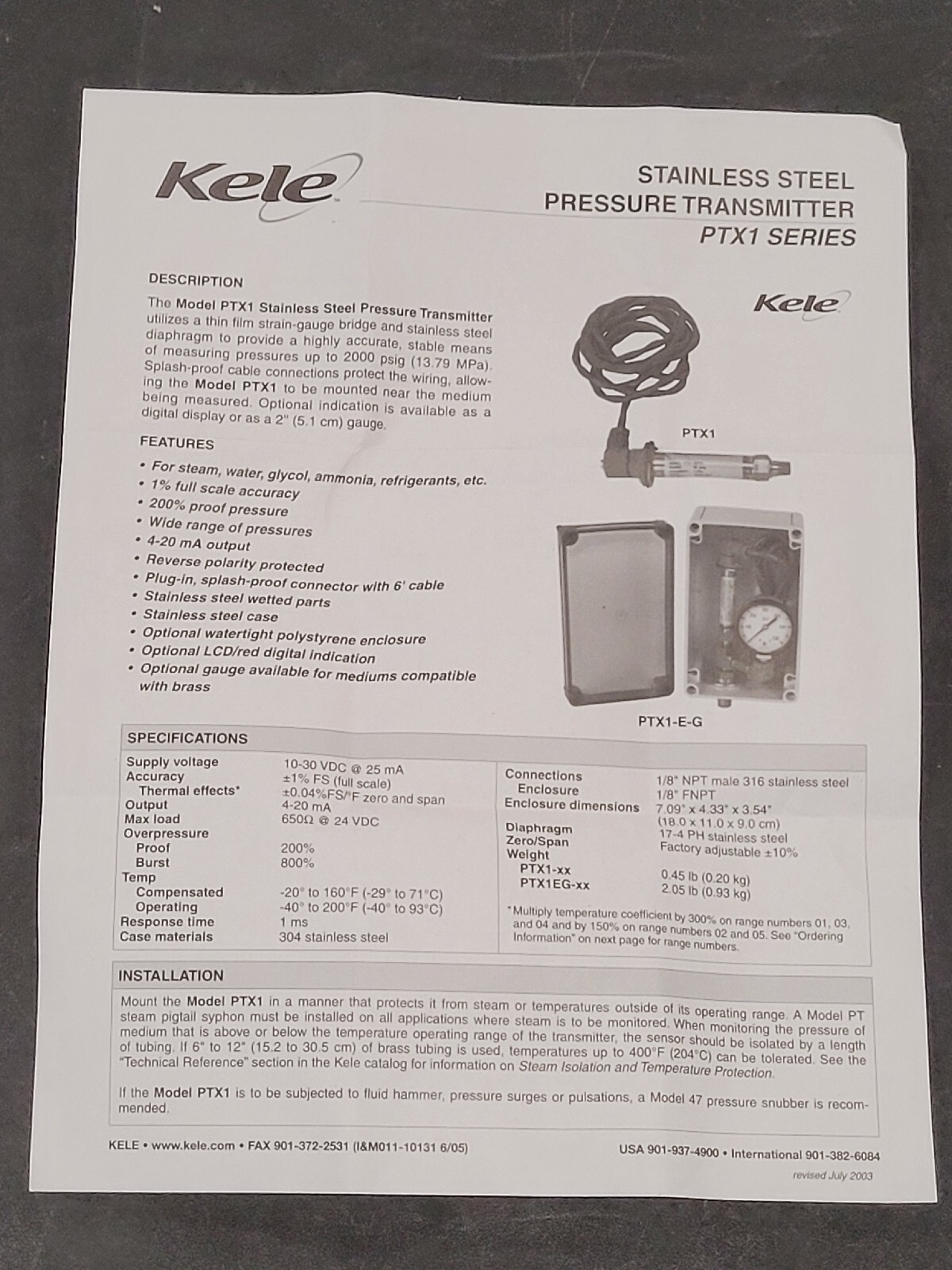 Kele Ptx1 Pressure Transmitter Enclosed W Gauge Psi Ptx1e G 05 For 