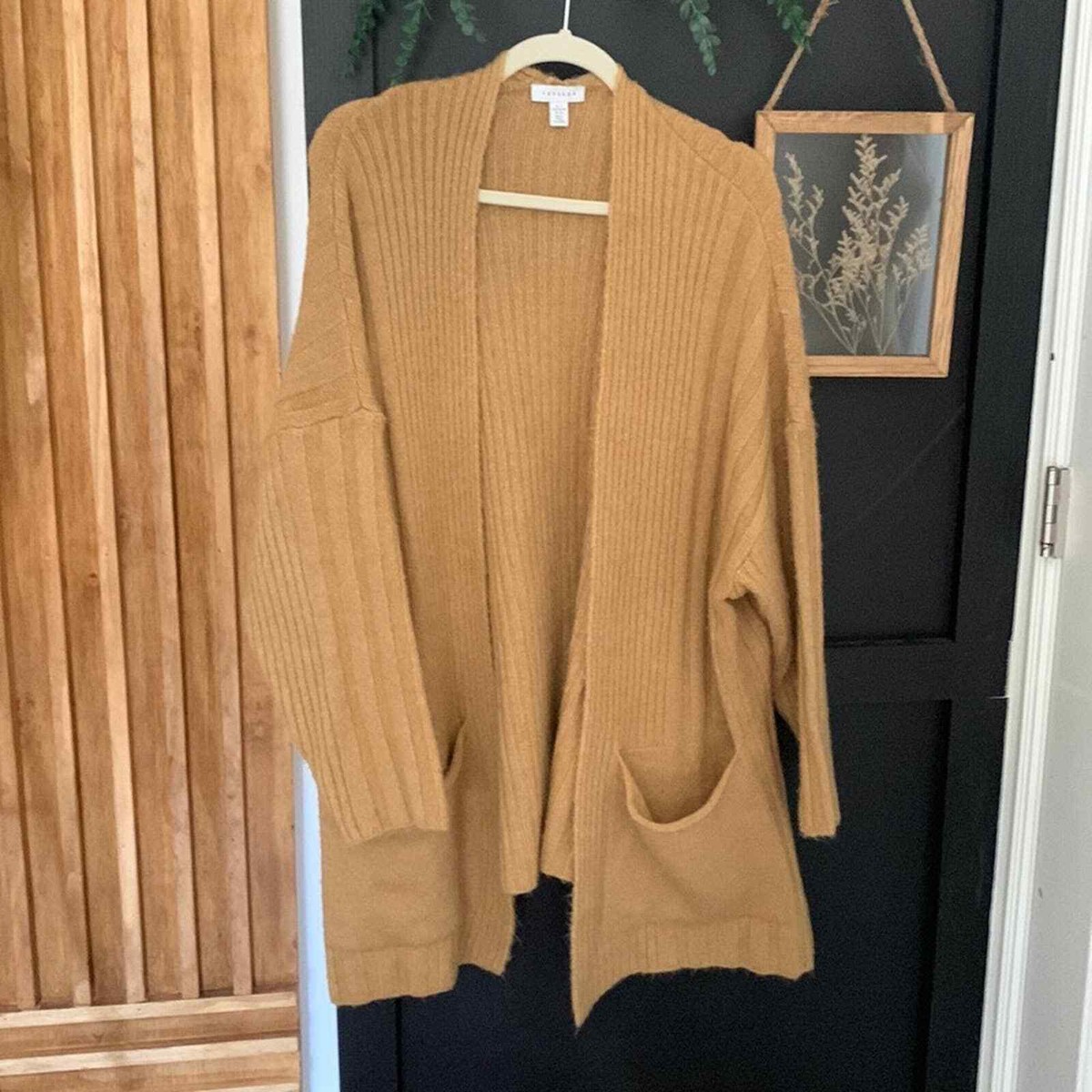 Topshop Tan Longline Ribbed Open Front Oversized Cardigan Sweater