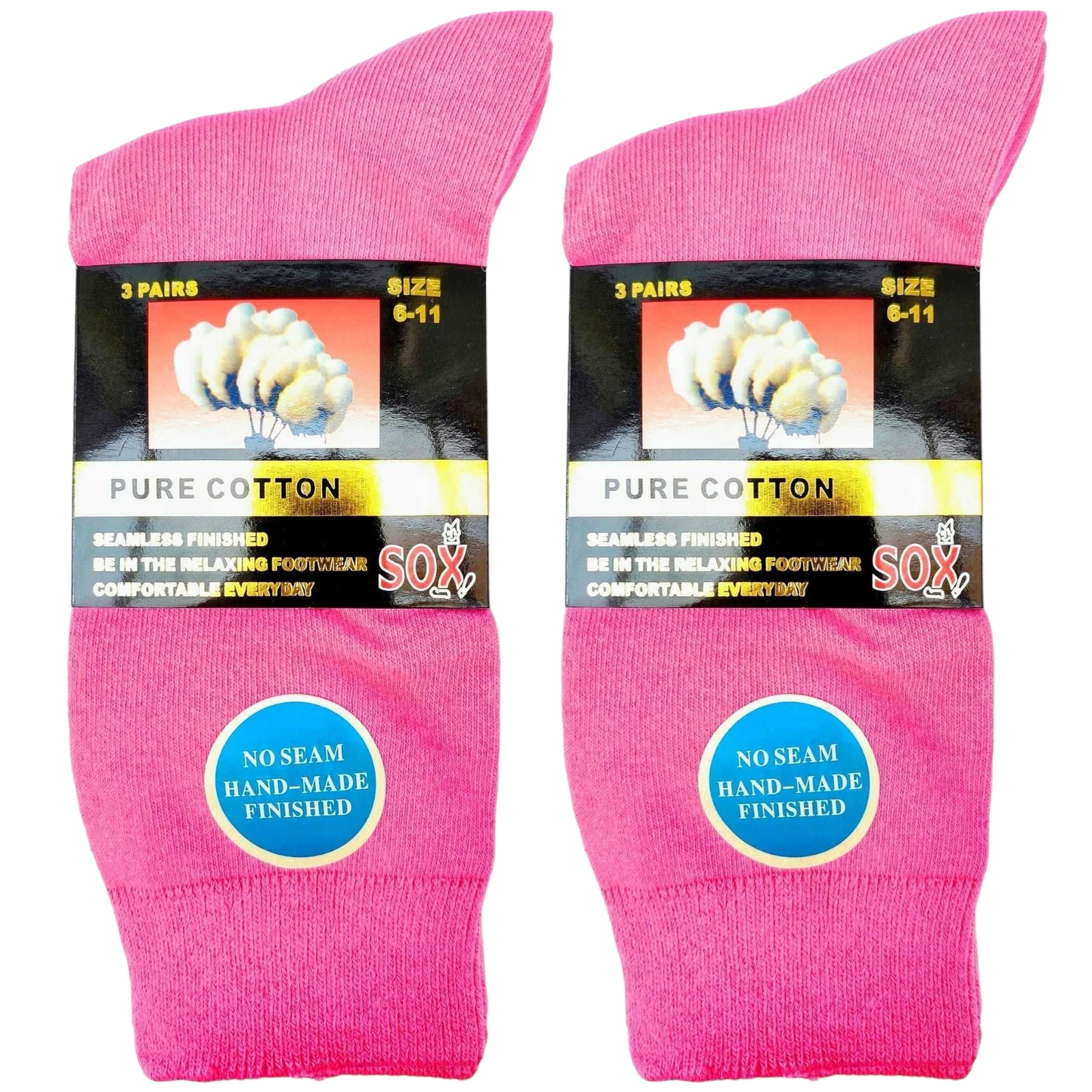 6 Pairs Pink Pure Cotton Crew Socks Seamless Breathable Casual Office Work Dress