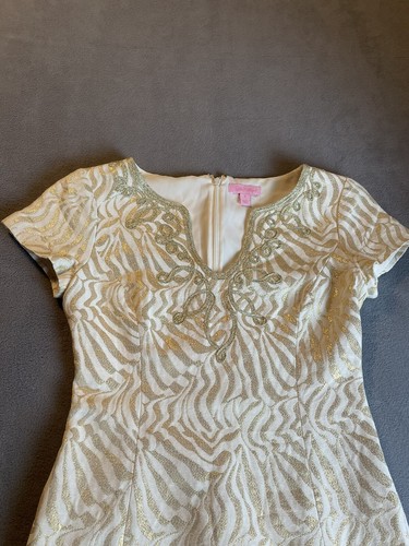 Lilly Pulitzer Milannia Gold Metallic Zebra Stripe Jacquard Shift Dress Size 0 - Picture 8 of 16