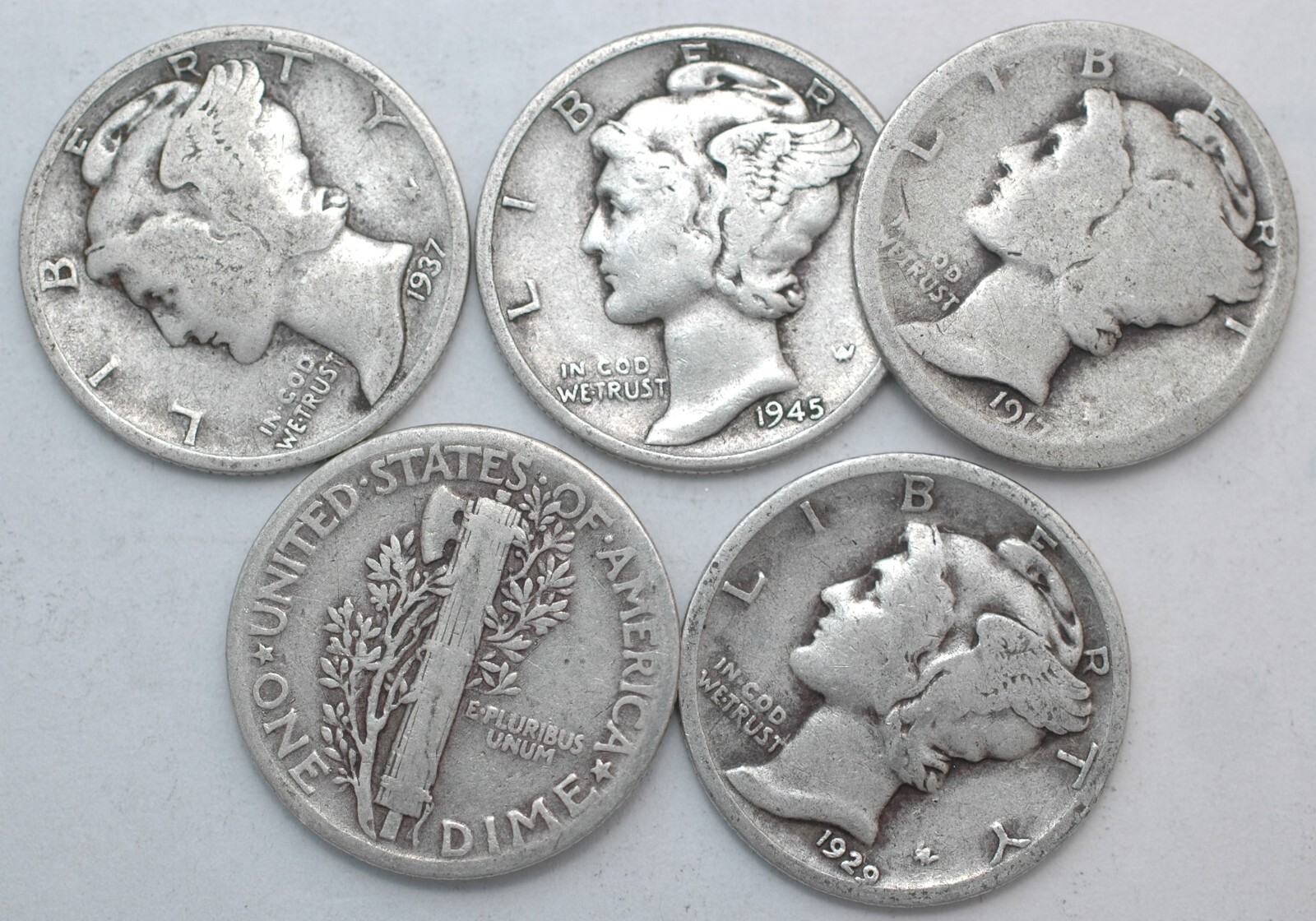 Mercury Dimes 90% Silver Lot of 5 Dimes one from each decade Winged ...
