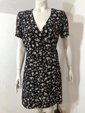 Bardot Womens Size 6 Wrap Dress Black Mauve Floral Short Sleeves Tie Waist