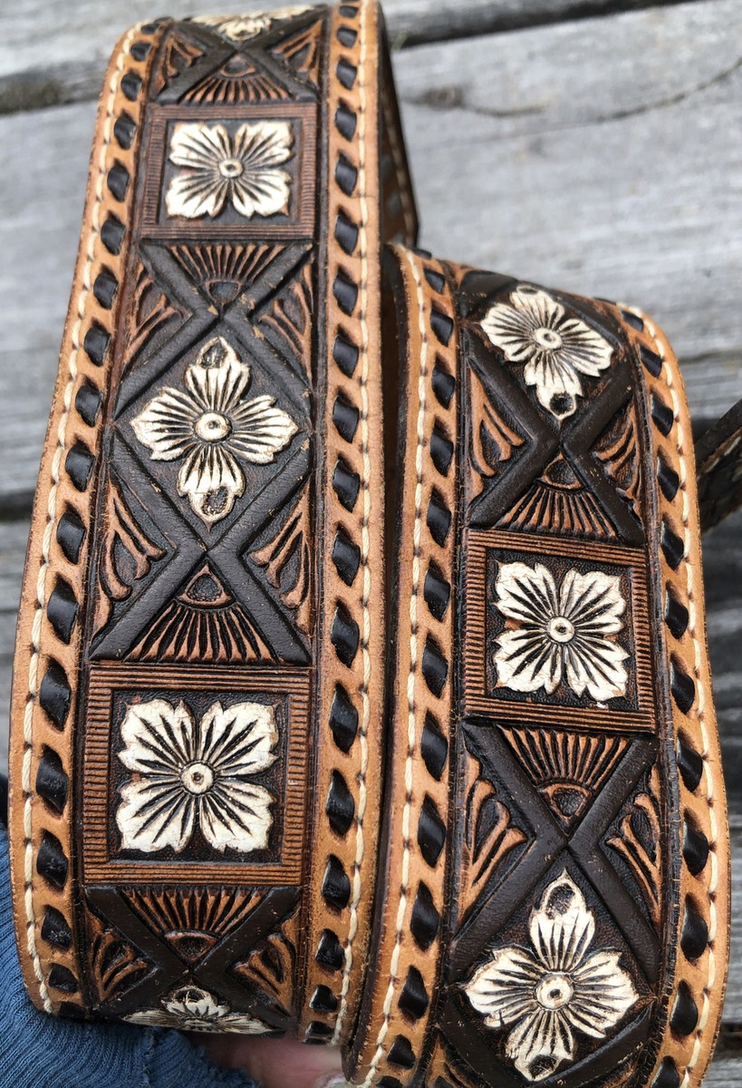 Vintage C & L Belt Buckle Turquoise Inlay Cow Hide Tooled  display picture 3