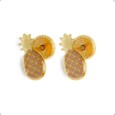 14K REAL SOLID Yellow Gold Earrings Hand-Painted Pineapple Stud - Gift for Women