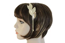 Women Headband Shiny Gold Metal Long Leaf Fashion Hair Accessory Bridal Greece 