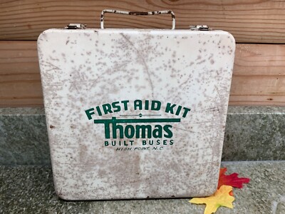  Vintage Metal First Aid Kit Thomas Built Buses High Point N.C. and Contents.