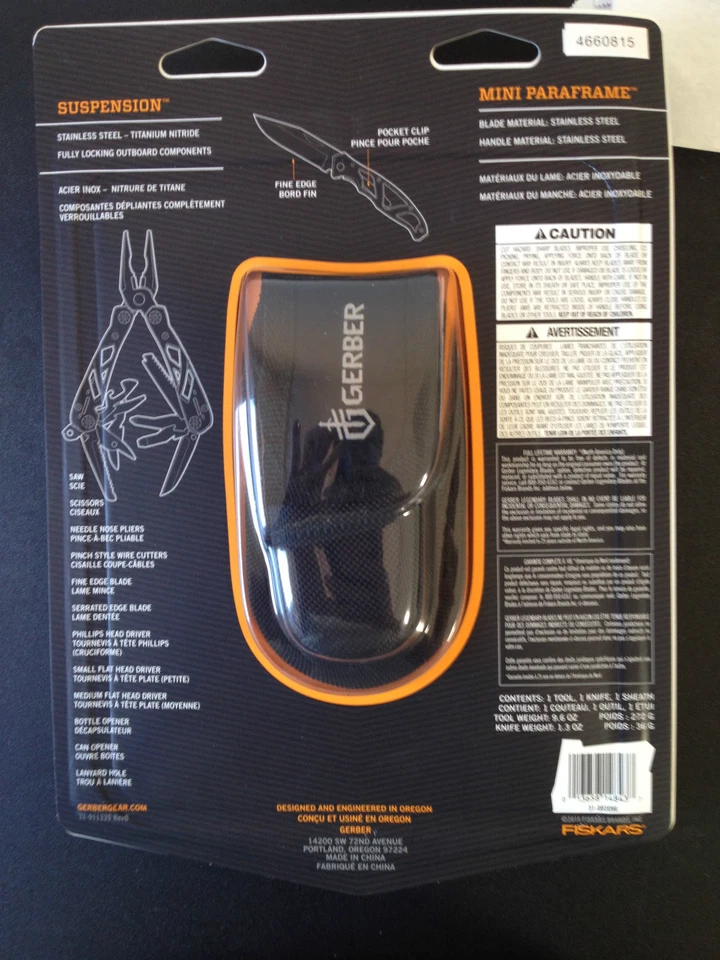 Gerber Suspension Multi Tool & Mini Fine Edge Paraframe Folding Knife Combo 3208 - Image 3 of 4