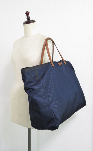 Auth GUCCI Navy GG Nylon and Leather Tote Bag Purse #60705 - Picture 9 of 16