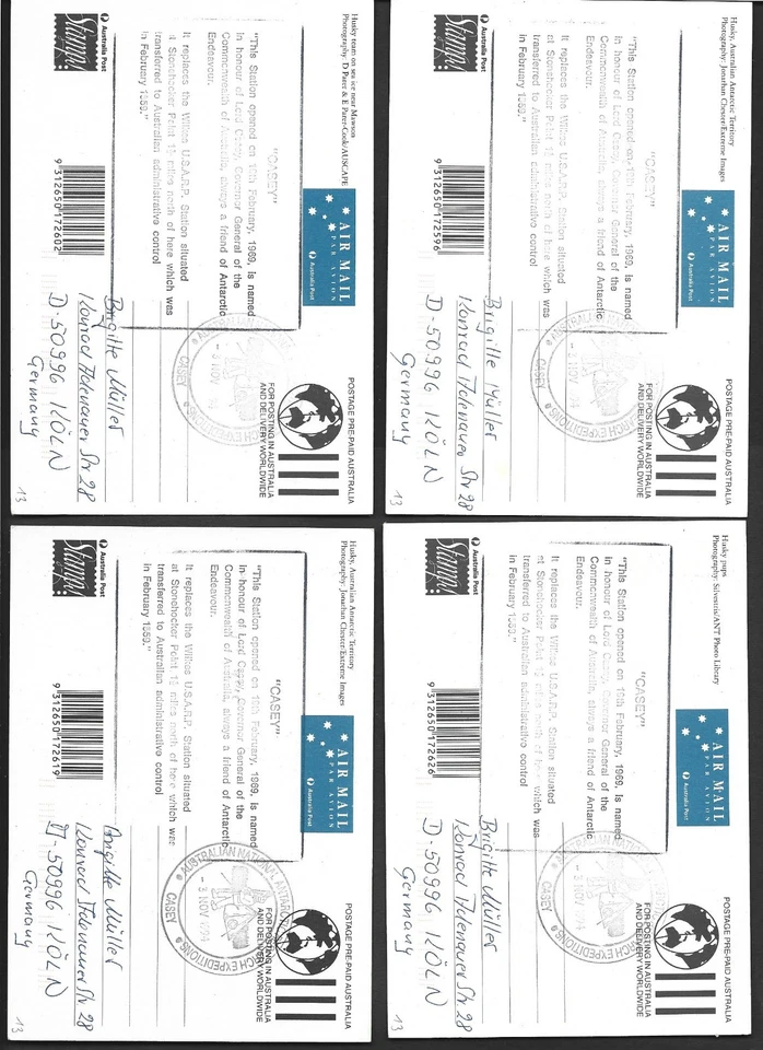 Australia Antarctic AAT 1994 Husky Dog set on APO Maxicards FU Casey to Germany - Image 2 of 2