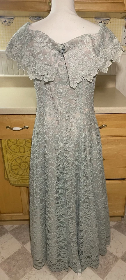 Vestido de Colección Años 80 Cachet Por Bari Protas Verde Salvia Encaje Vestido Largo Completo Talla 12 Foto 3 de 4