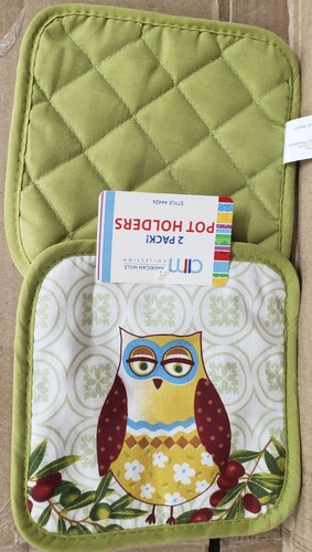 Set of 2 Same Kitchen Printed Pot Holders(7"x7")GREEN OWL & OLIVES,green back,AM - Picture 11 of 12