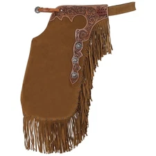 Chestnut Suede Roughout Leather Tooled Chinks with Conchos Adjustable LARGE