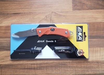   EKA Swede 9 Orange inc Fire Steel / Knife Sharpener / Hunting Knife 12C27 / G10