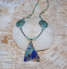 Wire Wrapped Blue Green Faux Sea Glass Necklace 20" Handmade Beaded Jewelry