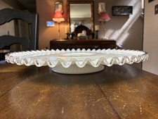 Fenton Silver Crest Ruffled Milk Glass Cake Plate Low Pedestal 12.5” x 1 .5"