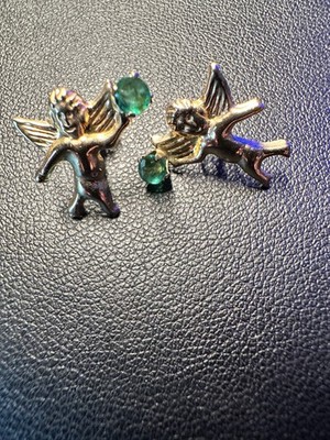 Vintage Ohrringe massiv 10 Karat Cherub Engel Smaragd