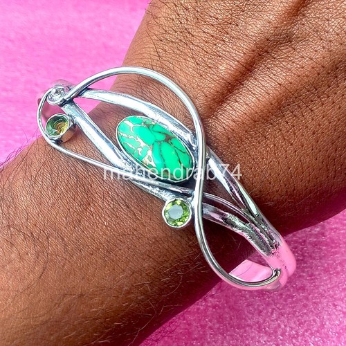 Green Copper Turquoise Bangle 925 Sterling Silver Handmade Women Bracelet M078 - Picture 4 of 4