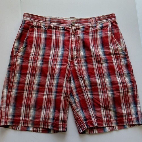COLUMBIA Shorts Mens Sz 38 x 10 Red Gray Cream Plaid Cotton Casual Preppy Golf