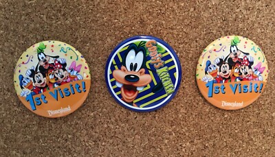 3 Disneyland 3'' Pin-Back Souvenir Buttons; 2 -''1st Visit'', 1 -''Goofy's Kitchen''