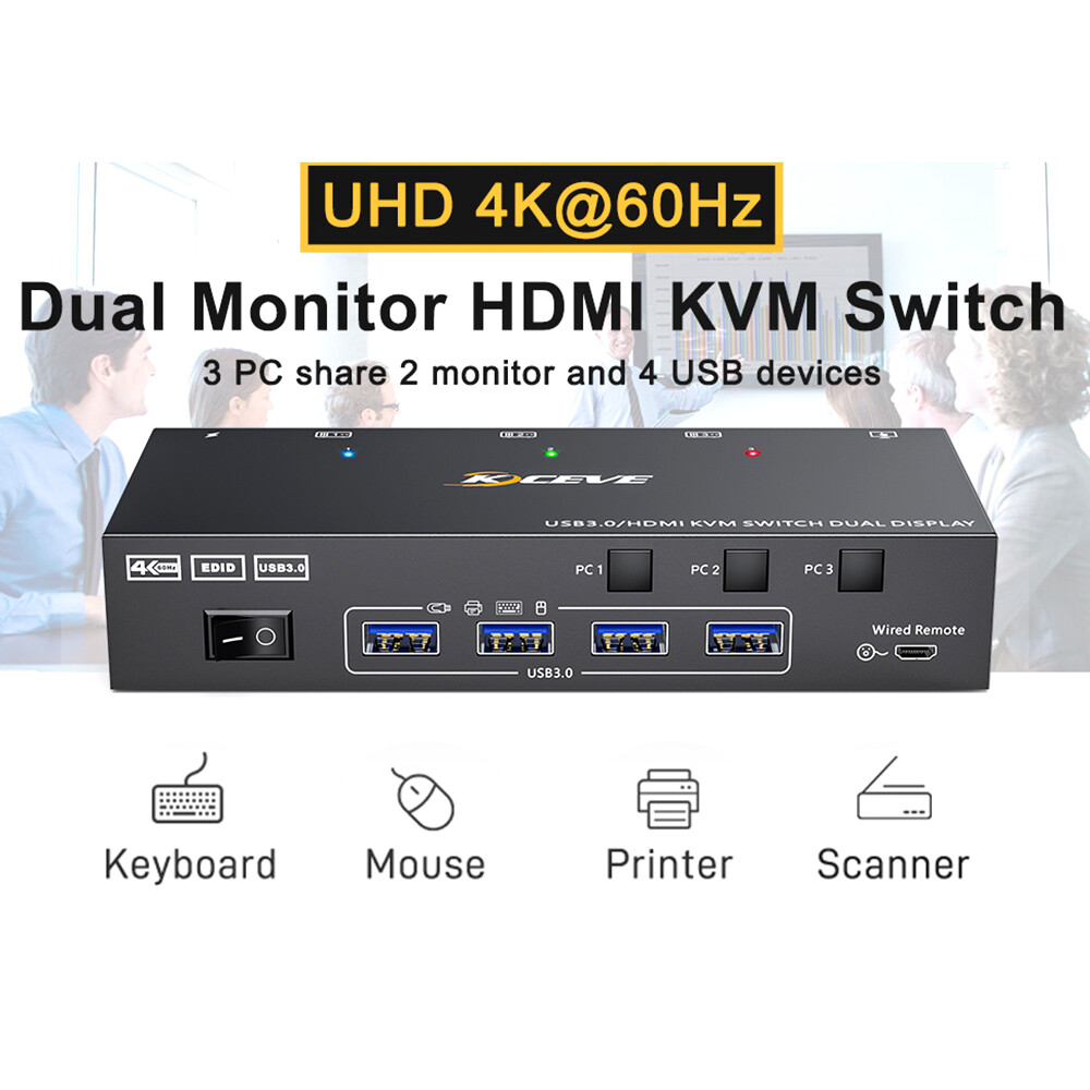 Dual Monitor HDMI KVM Switch 4x3 4K@60Hz USB KVM Switcher 2 Monitors 3 Computers
