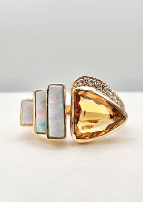 Vtg Navajo 14k Yellow Gold  Fire Opal Inlay Diamond Citrine Tension Ring