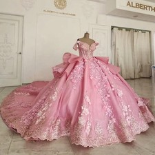 Customized Shiny Pink Off Shoulder Wedding Dresses crystal applique 3D flower