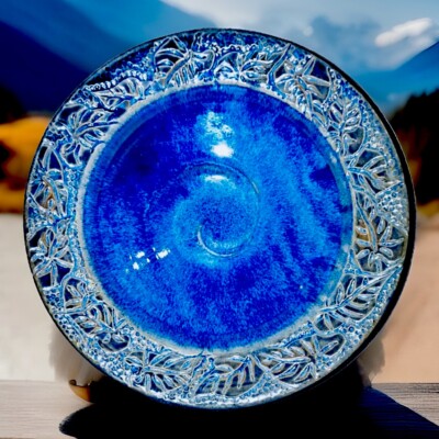 Joy Pottery Hand Crafted Blue Brown Coupe Rim Embossed Band Serving Bowl Decor