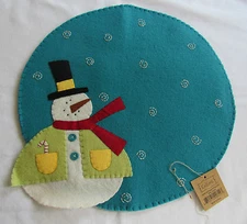 Small Round Christmas Snowman Aqua Candle Mat Doily Primitive RR-3258 NEW