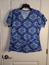 Vera Bradley Blue Floral Pattern Short Sleeve V Neck Scrub Top Women's Medium