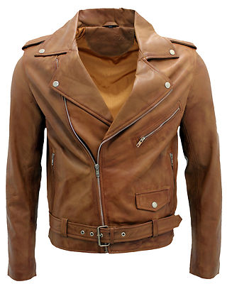 Hellbraune Retro Brando Freizeit Bikerjacke für Herren 100 % Nappaleder