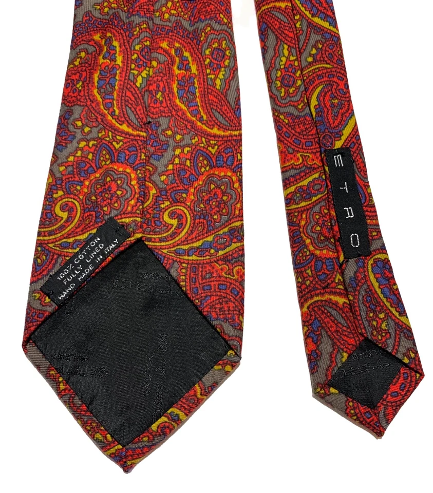 Corbata de algodón ETRO cachemir - rojo oliva azul chartreuse - hecha a mano en Italia Foto 3 de 4