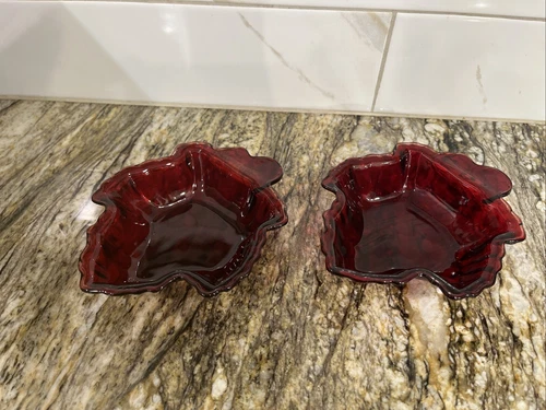2 Royal Ruby Red Depression Glass Maple Leaf Dish c1938 Vintage Anchor Hocking