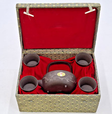 Yixing Clay Teapot Set Etched Motifs with 4 Etched Cups in Presentation Box