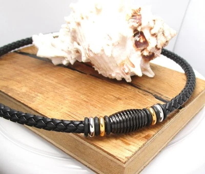 Herren Lederkette Schwarz Lederhalsband Kalbsleder geflochten Edelstahl-Bead Top - Bild 1 von 4