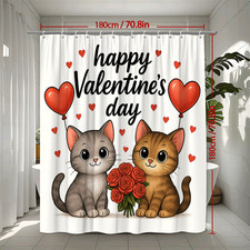 Cute Valentine's Day Shower Curtain with Cats and Hearts Decor