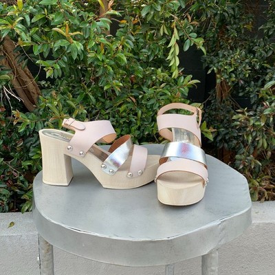 Marco Tozzi Italian Pink Silver Wood Leather Chunky Platform Sandals  39 8.5