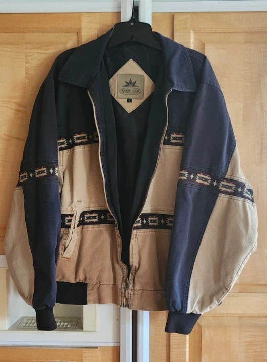 Vtg 90s Canyon Guide Outfitters Canvas Aztec Bomber Jkt L Tan & Blue - product detail image 10