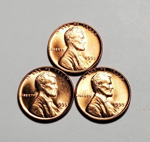 3 X 1955 D LINCOLN WHEAT PENNY UNC 3 COIN SET #P3240