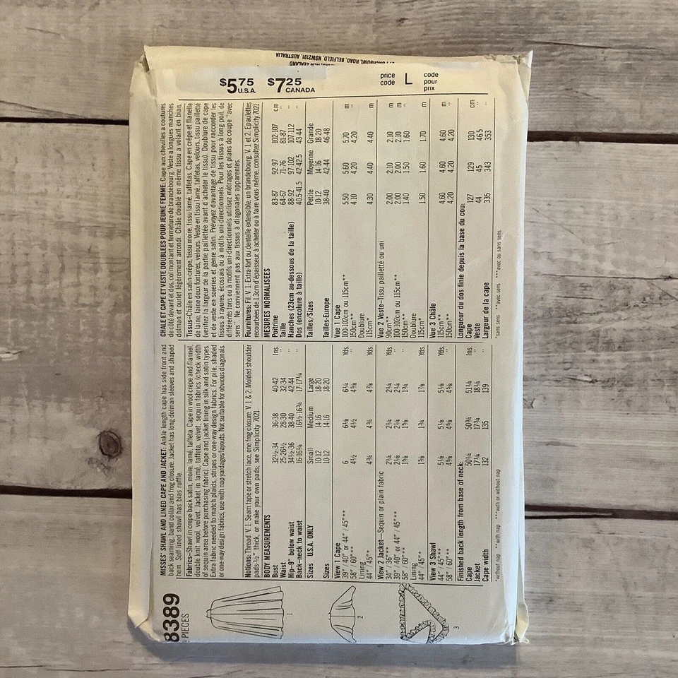 Simplicity 8389 Sewing Pattern Cape Shawl Jacket Misses Size S-M-L UNCUT - Image 2 of 4