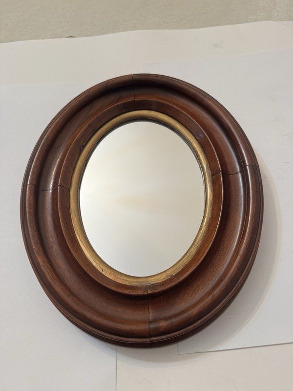 Vintage Walnut Oval Wall Mirror With Gilded Rim 11.5“H x 9.5”W x 1-1/8” Deep