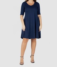 24seven Comfort Apparel Women's Blue Scoop Neck Elbow Sleeve Dress Plus Size 1X