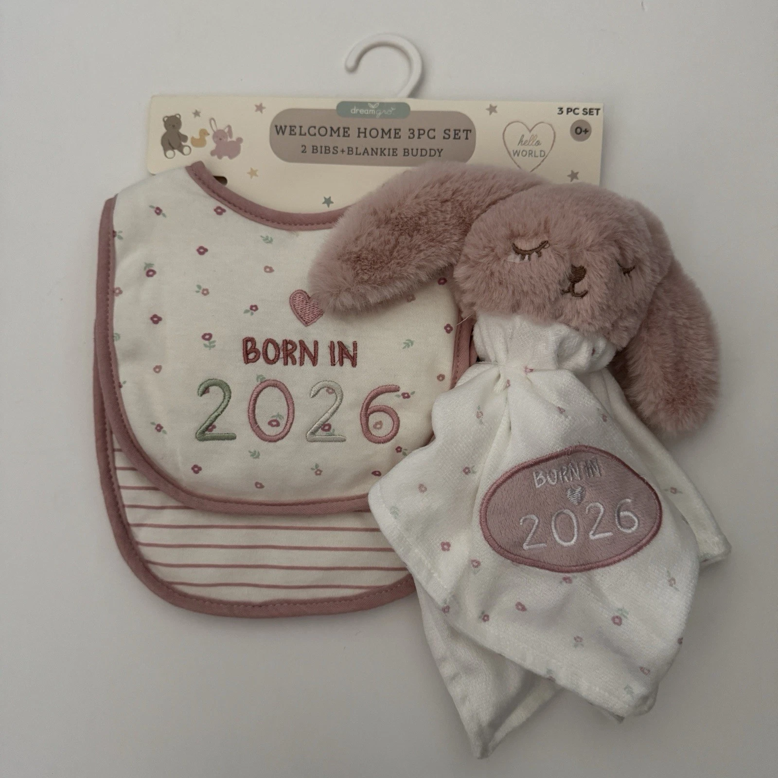 NEW Born in 2026 Welcome Home 3pc Baby Set Bibs and Pink Bunny Lovey | DreamGro
Opens in a new windo