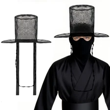 Black Mesh Top Hat With Beaded Strings Korean Gat Hat Costume Accessory