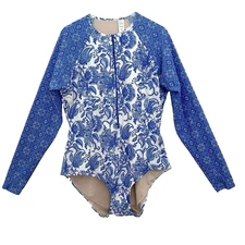 Coolibar Escalante Long Sleeve Swimsuit Blue Porcelain Zip Sun UPF 50 Size XL