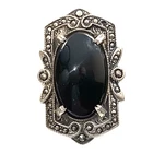 Antique Victorian Ring Oval Black Onyx Marcasite Sterling Silver Size 5 Art Deco